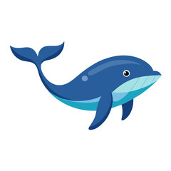 Cartoon Whale with Blue Body Vector Illustration, A cute vector illustration of a cartoon whale with a blue body, smiling face, and flowing tail, perfect for ocean or animal themes.
