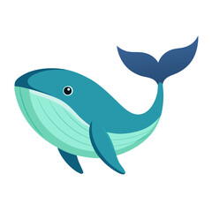 Cartoon Whale with Blue Body Vector Illustration, A cute vector illustration of a cartoon whale with a blue body, smiling face, and flowing tail, perfect for ocean or animal themes.
