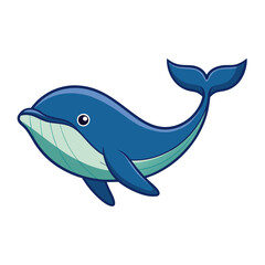 Cartoon Whale with Blue Body Vector Illustration, A cute vector illustration of a cartoon whale with a blue body, smiling face, and flowing tail, perfect for ocean or animal themes.
