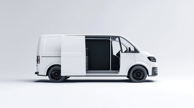 Clean, white delivery van truck with open sliding door, no branding, mockup, on white background, symbolizing logistics and transport.