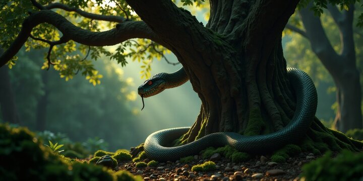 The tree of knowledge of good and evil in the Garden of Eden, with the serpent enticing Eve