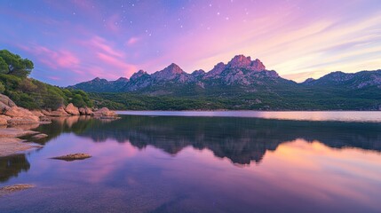 Ripples on a mirror calm lac de Codole in the Balagne region of Corsica at dawn with a pink and purple star filled sky