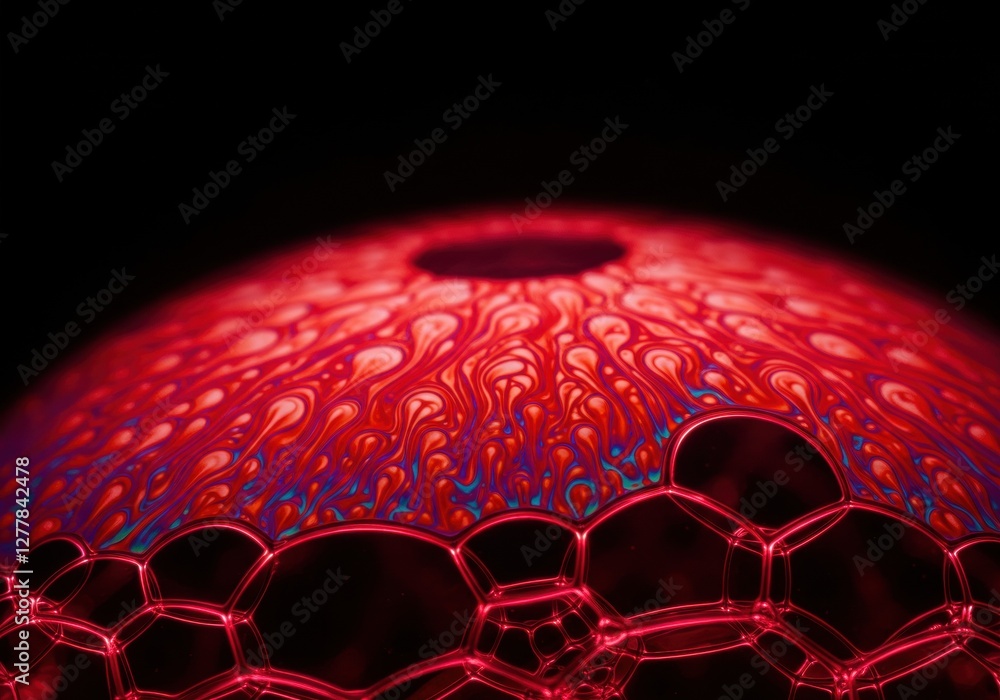 Poster vivid abstract red soap bubbles with liquid patterns on black background