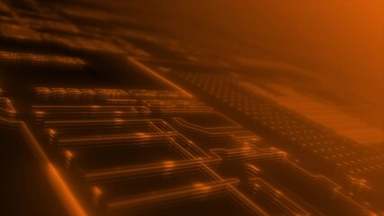 Orange color moving glowing hi-tech mother board chip with empty space futuristic sci-fi loop able technology background - Powered by Adobe