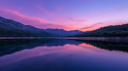Fototapeta premium Ripples on a mirror calm lac de Codole in the Balagne region of Corsica at dawn with a pink and purple star filled sky
