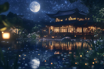 Fototapeta premium A glowing Asian-style house by a pool, surrounded by plants and water. The moon reflects over the pool's surface, with stars twinkling above in a captivating, high-resolution night scene.