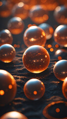 Collection of luminous spheres resting on a textured, dark surface