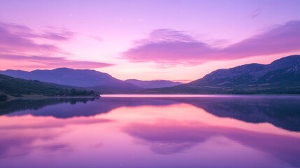 Fototapeta premium Ripples on a mirror calm lac de Codole in the Balagne region of Corsica at dawn with a pink and purple star filled sky
