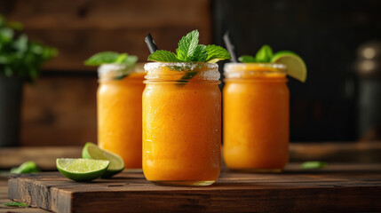 Fototapeta premium Refreshing orange smoothie served in frosted mason jars with mint leaves and lime slices. Perfect for summer drink or healthy snack