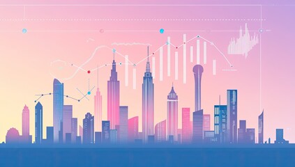 Futuristic city skyline with financial data overlay