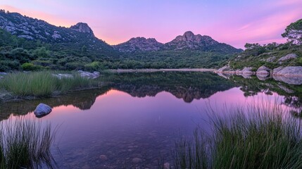 Ripples on a mirror calm lac de Codole in the Balagne region of Corsica at dawn with a pink and purple star filled sky