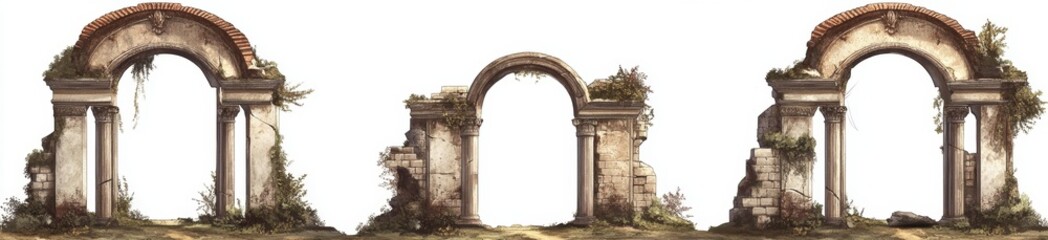 Naklejka premium Three ruined arches, overgrown, white background, game asset