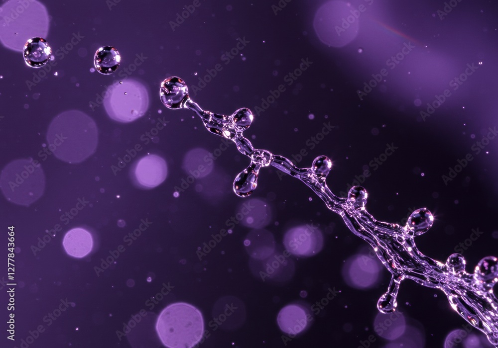 Poster dynamic purple water splash with bokeh background and droplets in motion