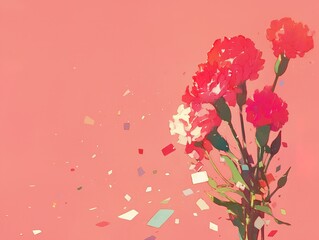A soft pink background featuring a beautiful bouquet of carnations surrounded by colorful confetti, creating a festive and cheerful atmosphere, perfect for celebrations, birthdays, and joyful themes.