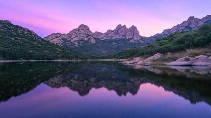Ripples on a mirror calm lac de Codole in the Balagne region of Corsica at dawn with a pink and purple star filled sky