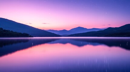 Fototapeta premium Ripples on a mirror calm lac de Codole in the Balagne region of Corsica at dawn with a pink and purple star filled sky