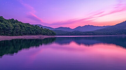 Fototapeta premium Ripples on a mirror calm lac de Codole in the Balagne region of Corsica at dawn with a pink and purple star filled sky