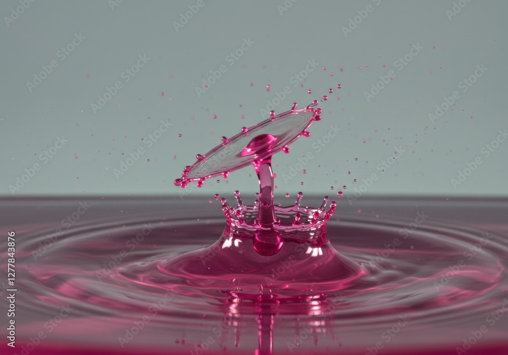 Poster mesmerizing pink water drop collision creating perfect symmetrical splash on smooth surface
