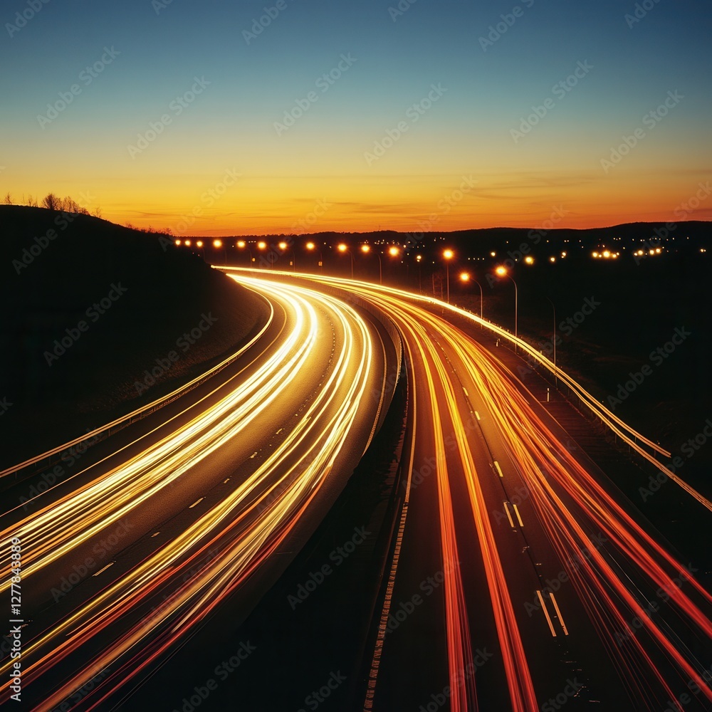 Poster dynamic highway at twilight with blurred car lights creating vibrant streaks against a colorful sky 