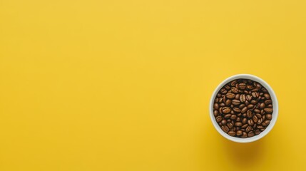 top view Coffee cup and coffee beans Over yellow Studio Background.