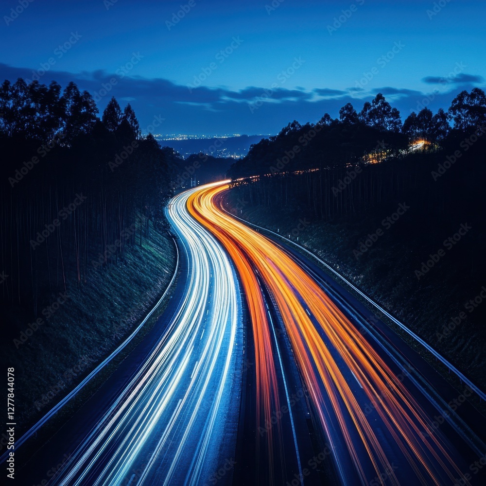 Poster dynamic highway at twilight with blurred car lights creating vibrant streaks and a sense of motion a
