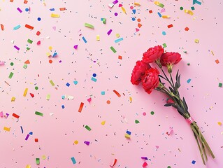 A soft pink background featuring a beautiful bouquet of carnations surrounded by colorful confetti, creating a festive and cheerful atmosphere, perfect for celebrations, birthdays, and joyful themes.