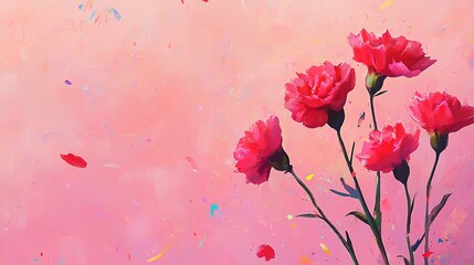 A soft pink background featuring a beautiful bouquet of carnations surrounded by colorful confetti, creating a festive and cheerful atmosphere, perfect for celebrations, birthdays, and joyful themes.