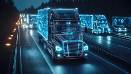 Futuristic trucks on highway at night with digital interface