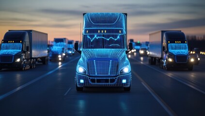 Automated Trucks on Highway at Dusk