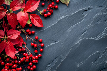 Red flowers and berries on black slate with copy space, captured in high-definition. This close-up macro photography showcases the fine details of the arrangement.