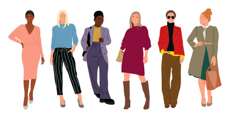 Modern business women collection. Vector realistic illustration of diverse multiracial standing cartoon girls in smart casual fashionable office outfit. Isolated 