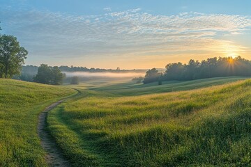 Obraz premium Serene sunrise over misty valley with winding dirt path through lush green meadow and scattered trees creating a peaceful landscape