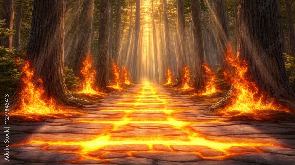 Poster glowing pathway through a dense forest with flames illuminating the way to an enigmatic destination