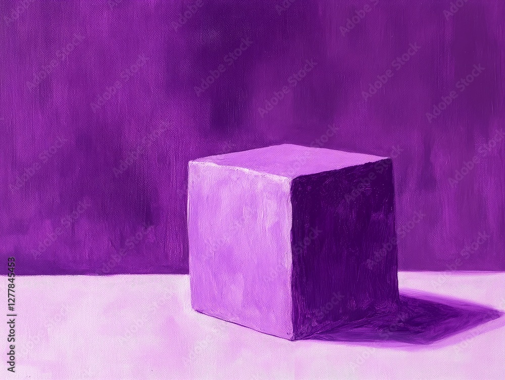 Poster purple cube on shadowed surface with textured background