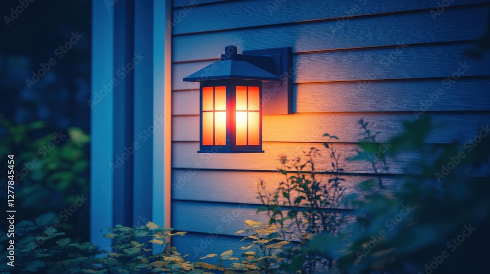 Poster glowing red lantern hanging in a serene courtyard with soft light illuminating the calm evening atmo