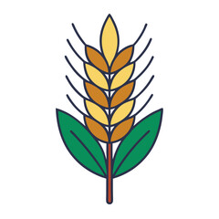 Stylized Wheat Ear with Yellow Grains and Green Leaves Vector, A vector illustration of a stylized wheat ear with yellow grains and green leaves, symbolizing harvest, agriculture, and nature.
