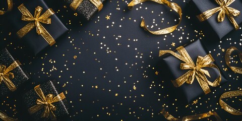 Black background with black gift boxes and golden ribbons, flat lay composition. Black cosmetic gift 