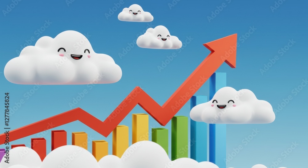 Poster smiling clouds and upward arrow on colorful bar graph with blue sky background