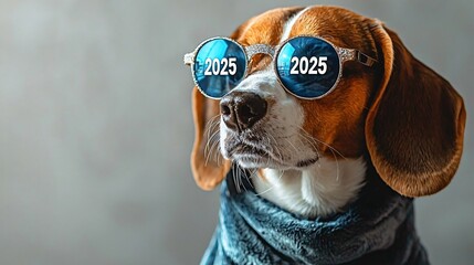 Festive beagle dog with 2025 glasses for New Year celebrations and cheerful holiday greetings. Ideal for pet product marketing, party invitations, and joyful event promotions.
