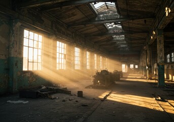 Sunlight streaming through windows of abandoned factory with rustic interior