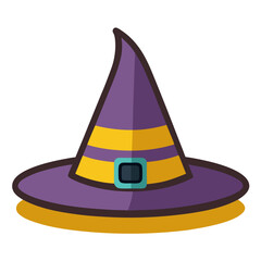 Purple Wizard Hat with Yellow Stripes and Buckle Vector, A vector illustration of a purple wizard hat with yellow stripes and a turquoise buckle, perfect for magical and fantasy themes.
