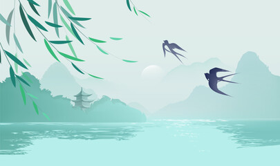 Chinese style horizontal illustration design ink landscape willows and swallows © jm