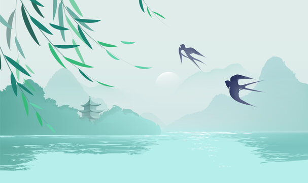 Chinese style horizontal illustration design ink landscape willows and swallows