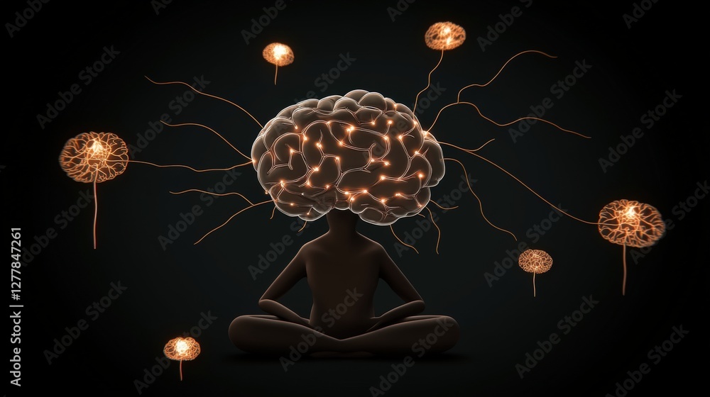 Poster human figure sitting cross-legged, surrounded by glowing neural connections and abstract elements in