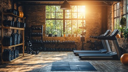 Sunlit industrial gym with treadmills, weights, and yoga mat.