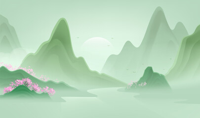 Chinese style horizontal illustration design of peach blossom trees between mountains and rivers