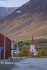 The street view of Flateyri, a small town at west fjords, Iceland.