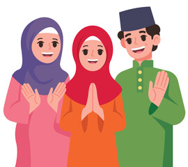 Happy malay family with traditional attire cartoon illustration