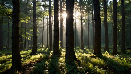 On a sunny day, sunlight filters through the forest's trees.
