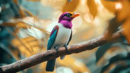 Fototapeta premium Soft focus portrait of an exotic Purple and white Tropical Bird perched on a tree branch